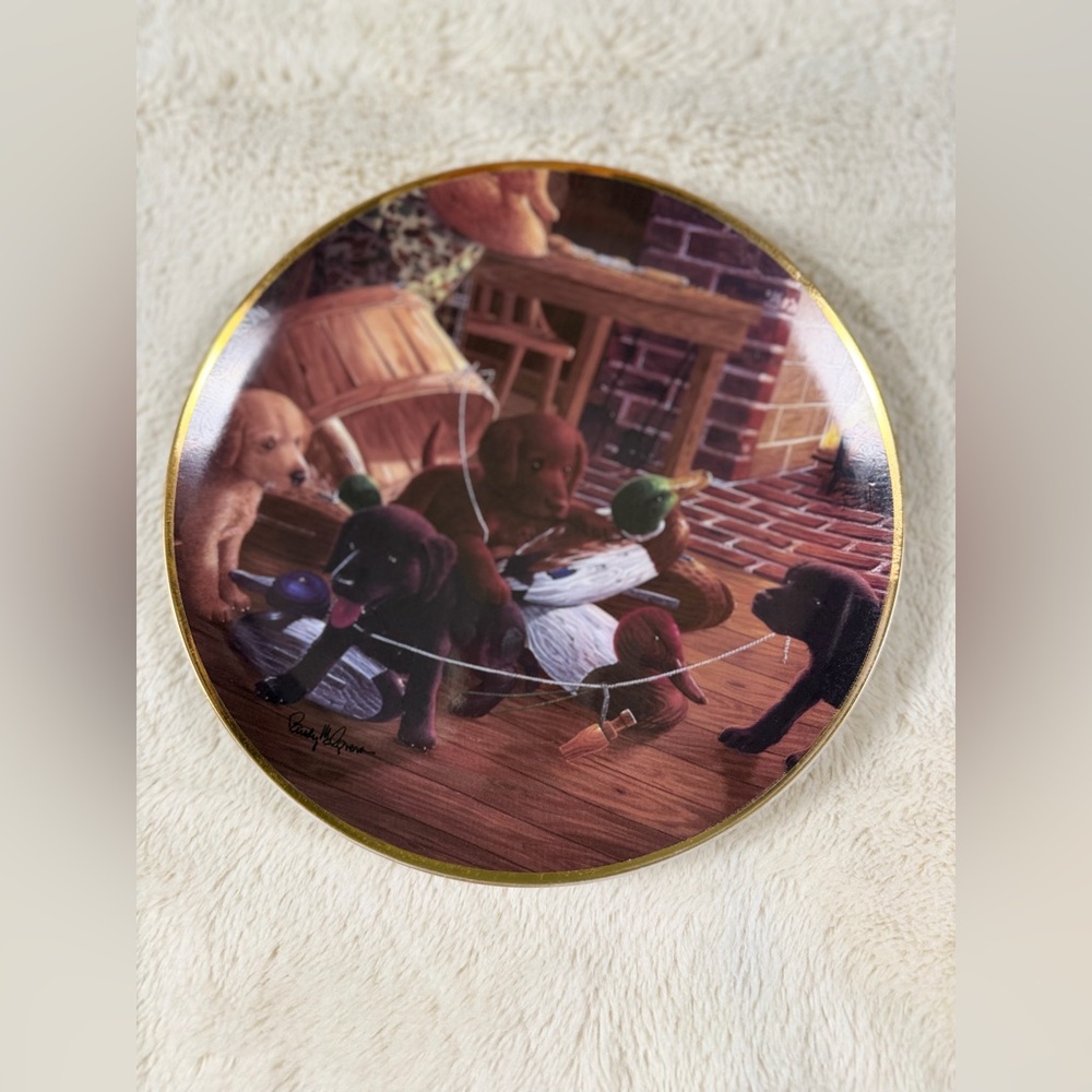 Franklin Mint Ceramic Plate with Puppies - Gold and Brown